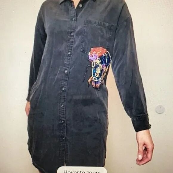 Zara Basic Black Denim Shirt Dress with embellished face detail on front S - Picture 1 of 9